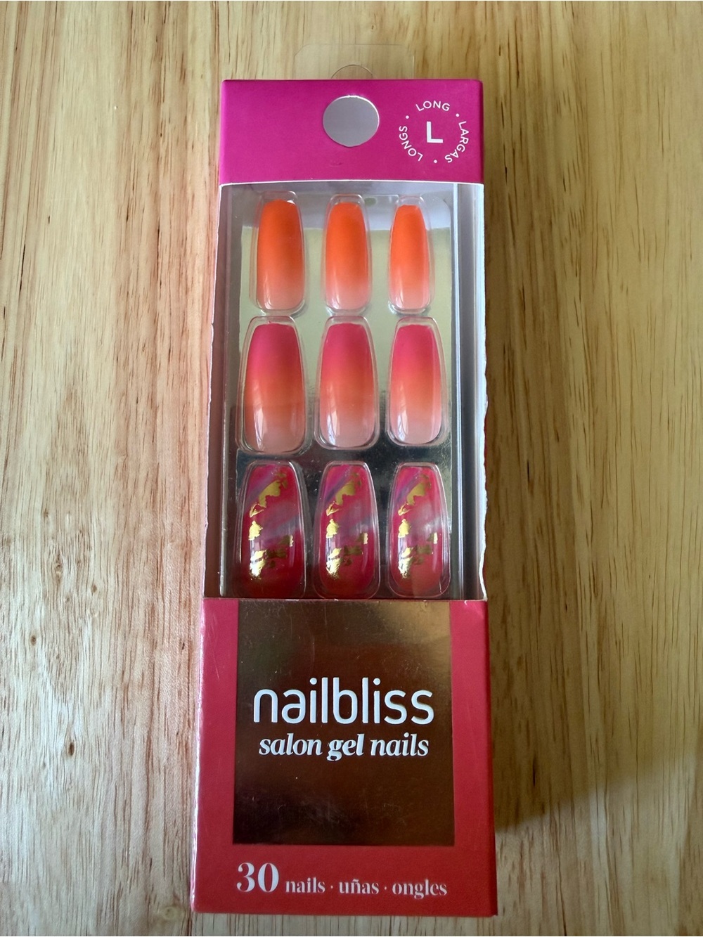 Nailbliss Ombre Pink & Orange Gel Press-On Nails with Gold Accent